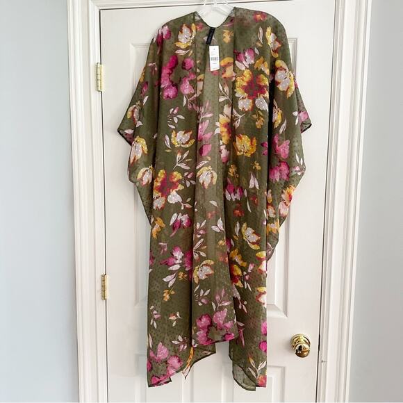 Lane Bryant Long Floral Duster Kimono Swiss Dot Green Pink Oversized Open Front - Picture 4 of 11